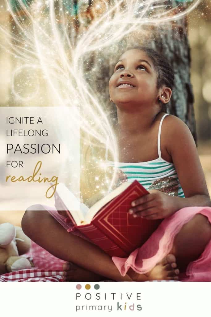 pinterest graphic with little girl sitting crossed leg with a magical book open in her lap
