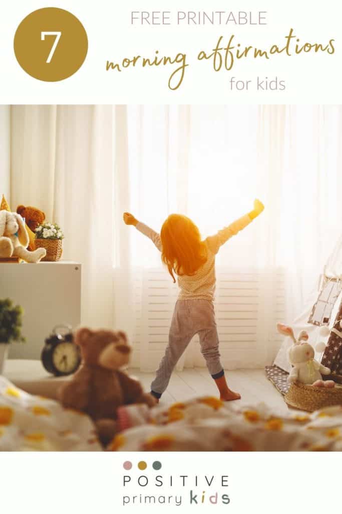 morning scene of girl in her bedroom stretching surrounded by toys