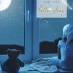 pinterest image of child in a nightcap looking out the window at the night-sky