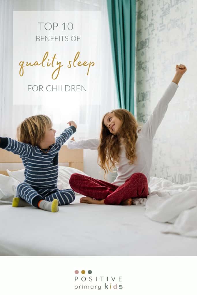 pinterest image of two young children sitting cross legged on a bed stretching their arms up to wake up