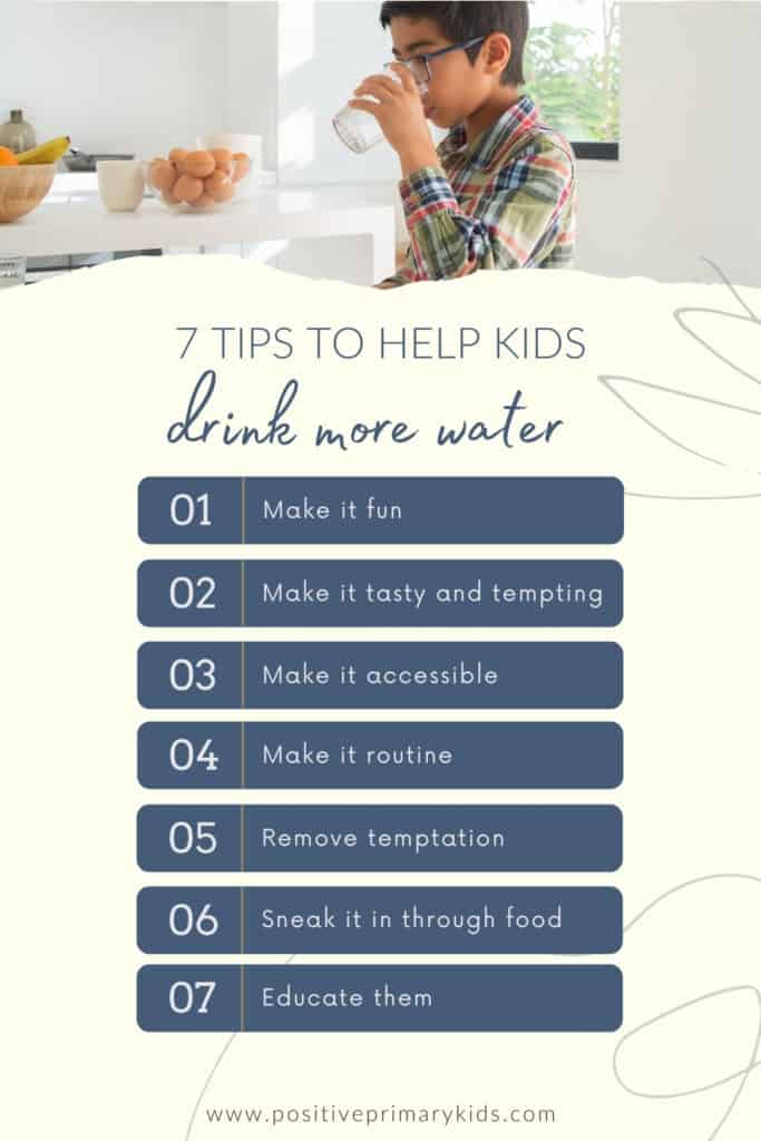 pinterest text graphic of 7 tips to help kids drink more water