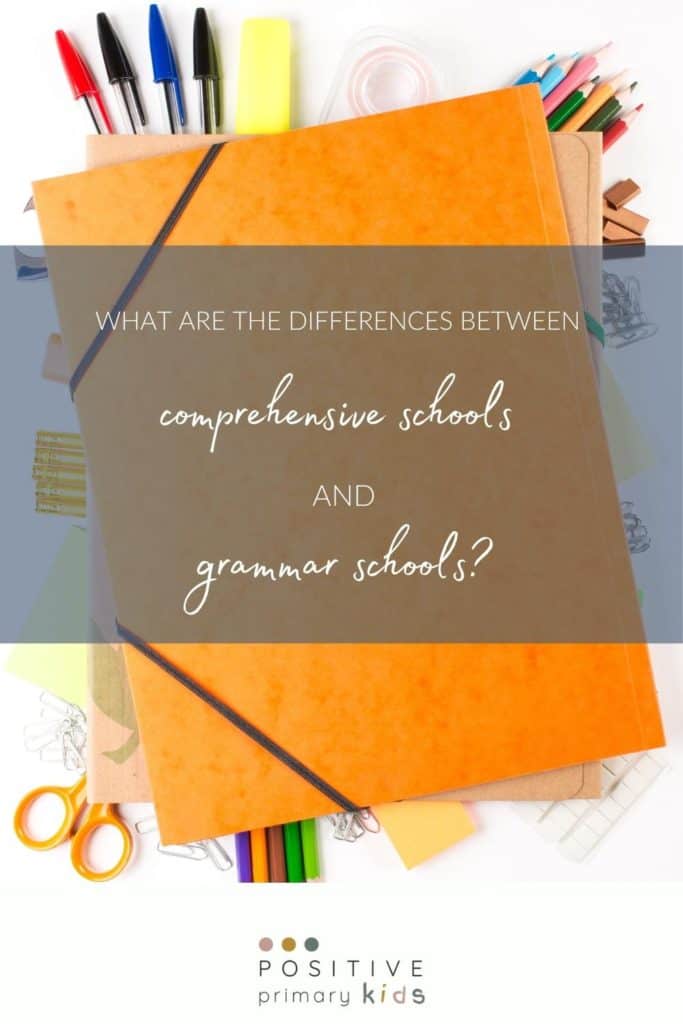 pinterest image of colourful school supplies for an article about comprehensive schools vs grammar schools