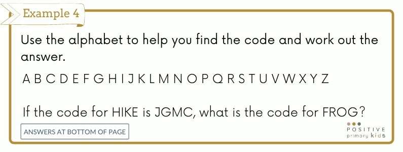 Verbal reasoning question type 4 Use the alphabet to help you find the code and work out the answer. If the code for HIKE is JGMC, what is the code for FROG?