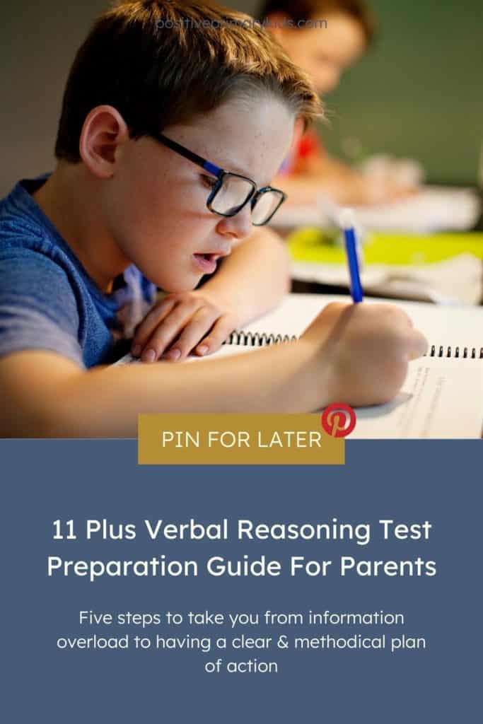 pinterest image for blog post titled "11 Plus Verbal Reasoning Test Preparation Guide For Parents" image shows two focussed school boys writing in notebooks