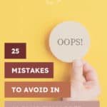 pinterest graphic of a close up photo of a hand holding a disc with "oops!" on it over a yellow background for a blog post about 25 11 plus exam preparation mistakes to avoid