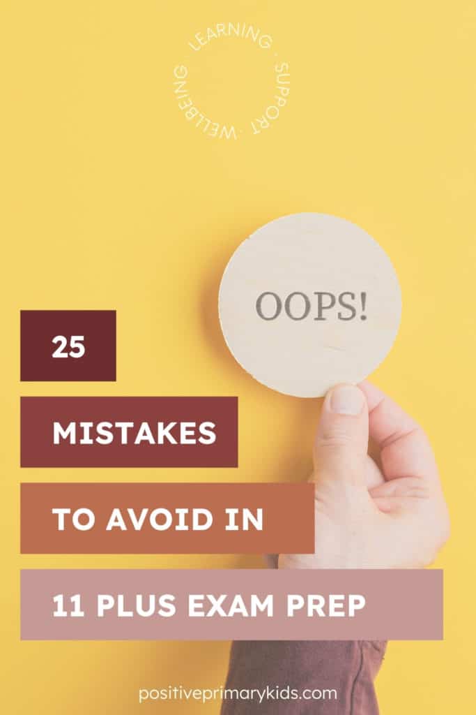 pinterest graphic of a close up photo of a hand holding a disc with "oops!" on it over a yellow background for a blog post about 25 11 plus exam preparation mistakes to avoid