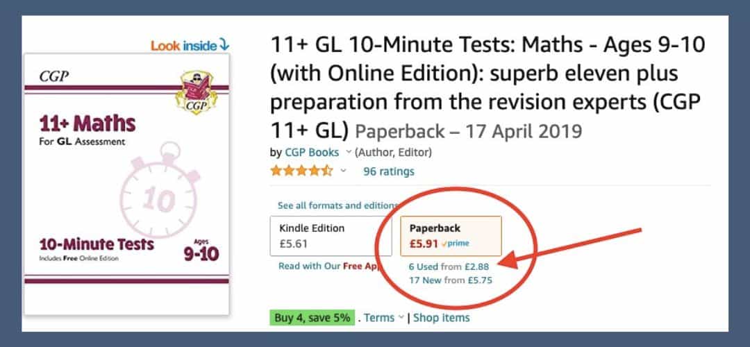 screen shot of used books on Amazon for preparing for 11 plus exams on a budget