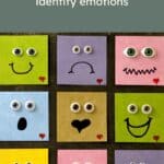 pinterest image reading "helping kids identify emotions" with 9 square illustrated faces with different expressions and googly eyes