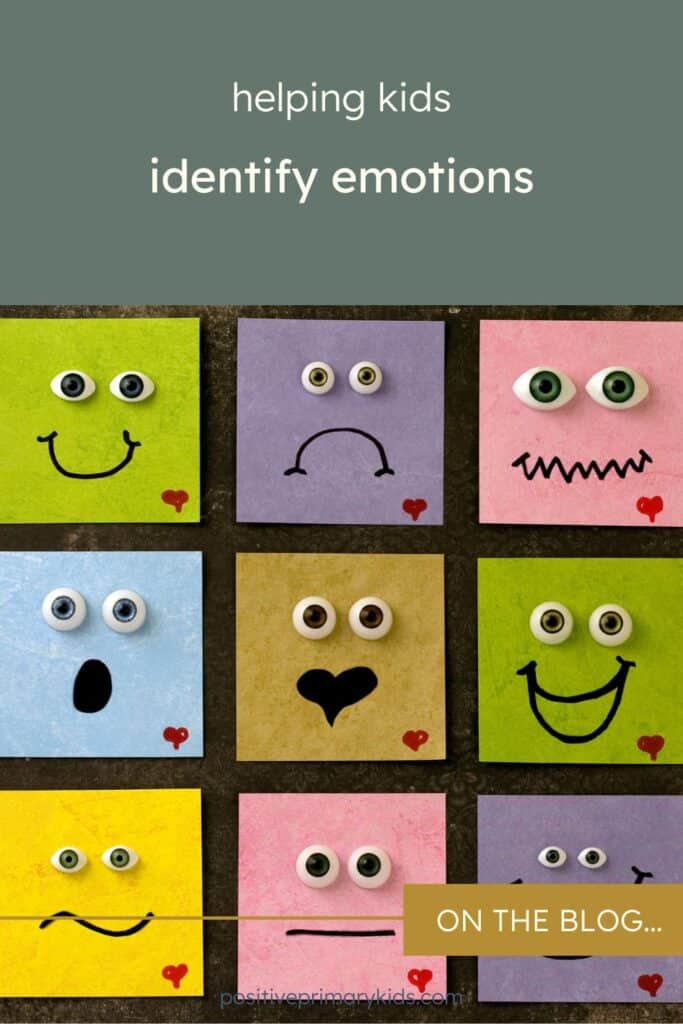 pinterest image reading "helping kids identify emotions" with 9 square illustrated faces with different expressions and googly eyes