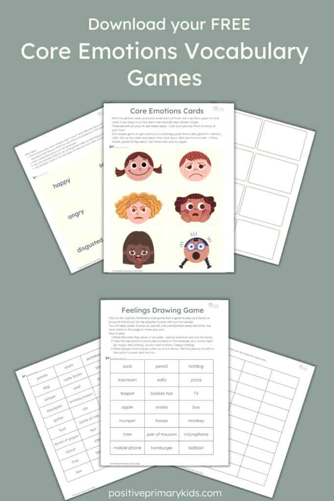 mockup of two sets of emotional vocabulary games for kids