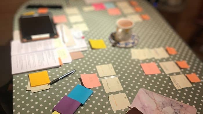 dining table with green polka dot tablecloth covered with colourful sticky notes, laptop, ipad, notebooks and a cup of tea