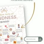 Mockup of a free printable random acts of kindness bingo challenge with text 'free printable Children’s Random Acts of Kindness BINGO! - free download