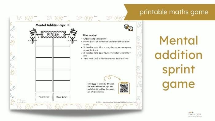 mockup of free printable maths activity with text 'mental addition sprint game'