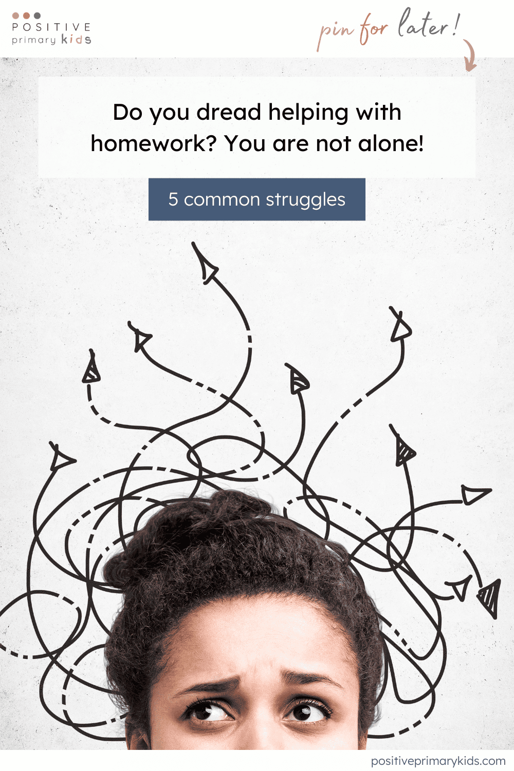 A woman's head from the nose up in front of a white background. She looks confused and there is a jumble of arrows drawn coming away from her head. Text reads: Do you dread helping with homework? You are not alone! 5 common struggles