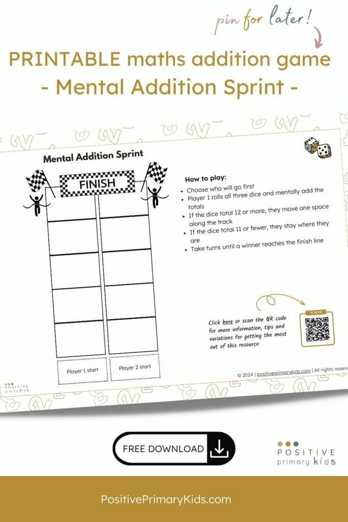 mockup of free printable maths activity with text 'printable maths addition game - Mental Addition Sprint'