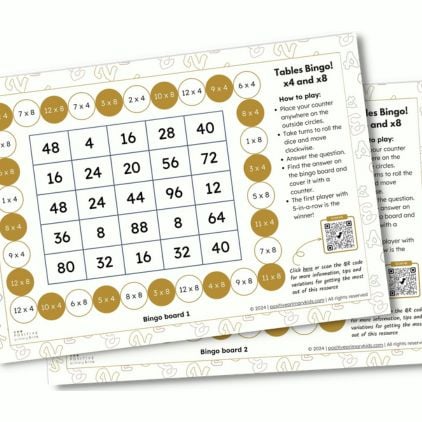 mockup image of a printable times tables bingo game