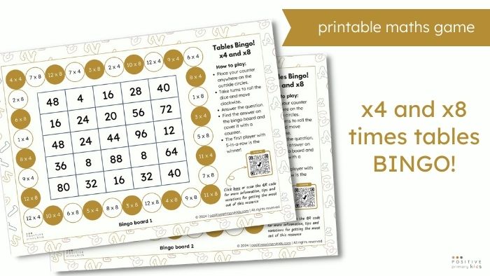 mockup of free printable maths activity with text 'x4 and x8 times tables bingo'