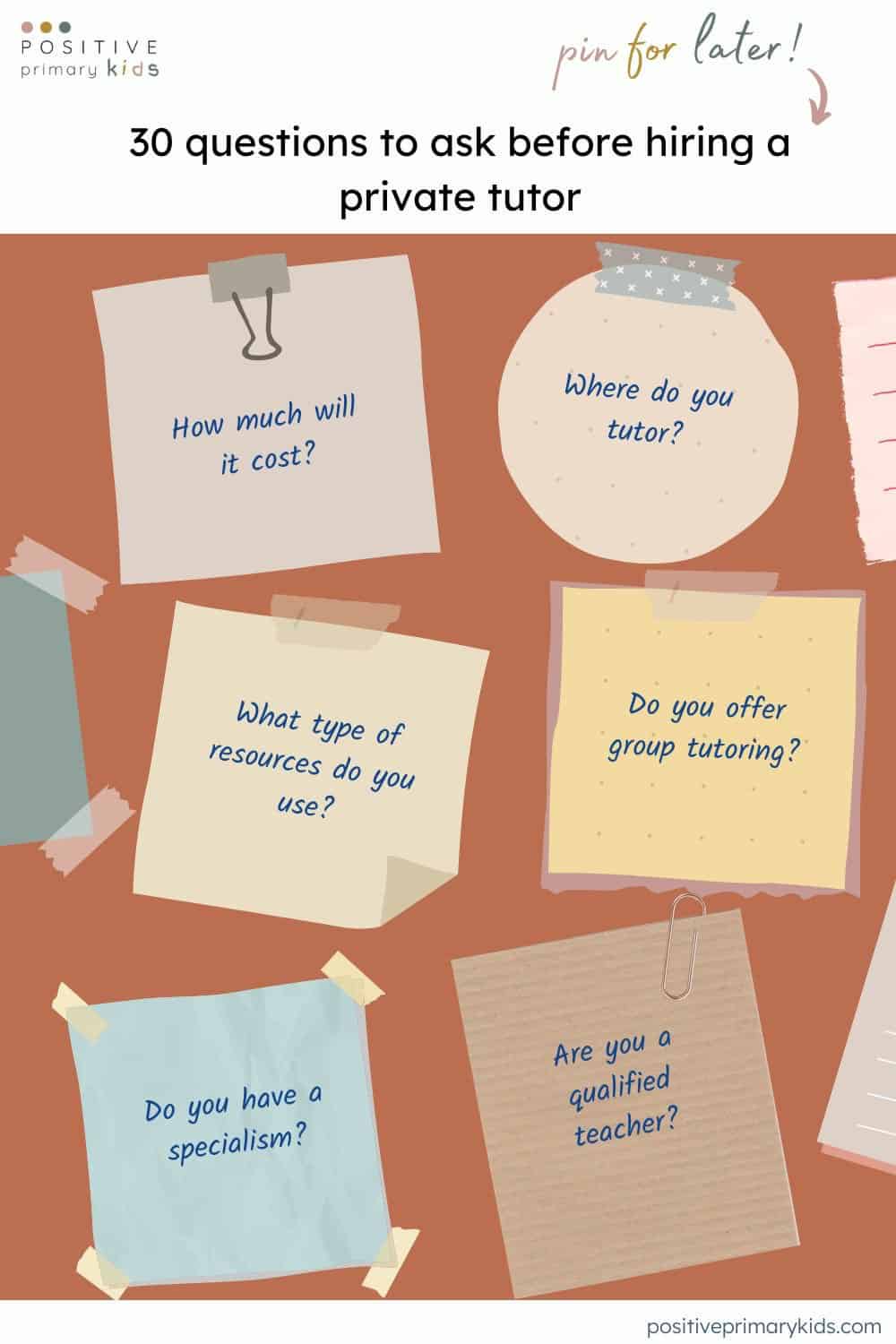 graphic with illustrated sticky notes with questions written on them and text reading 'Looking for a tutor? 30 questions to ask before hiring'