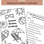 printable summer reading challenge colour-in book mark with 20 prompts