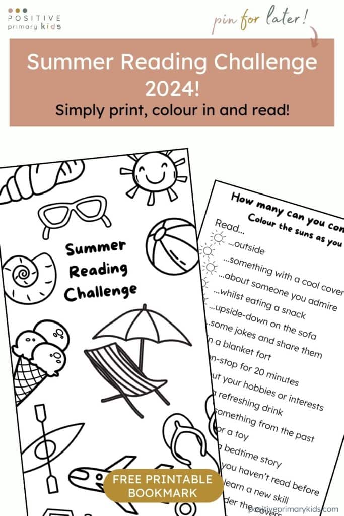 printable summer reading challenge colour-in book mark with 20 prompts