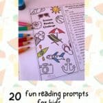 printed summer reading challenge 2024 bookmark with partly coloured in cover, reading prompts and colour pencils fanned out