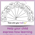 mockup of a free printable PDF feelings chart for children. Feelings are displayed by simple emoticon faces