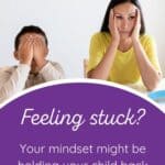 mother and child sit at a table with their heads in their hands in frustration