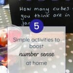 writing on a mini chalk board reads 'estimation jar - how many cubes do you think are in the jar?'. In front of the board is a glass jar filled with colourful plastic cubes