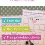 A free 2-page printable growth mindset statement sorting activity on a table with scissors and glue