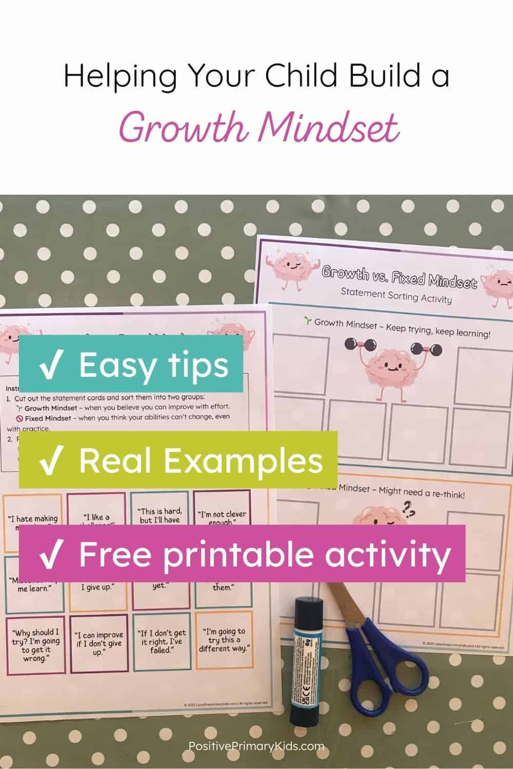 A free 2-page printable growth mindset statement sorting activity on a table with scissors and glue