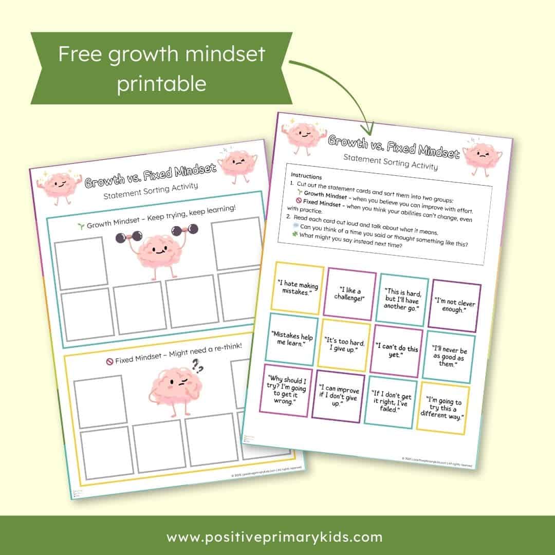 Printable growth mindset statement activity Mock up of A free 2-page printable growth mindset statement sorting activity