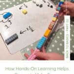 close up of a child sitting at a tables hands busily building different fractions using lego bricks