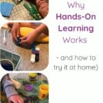 a collage of three photos showing children's hands busy using hands-on resources to aid learning