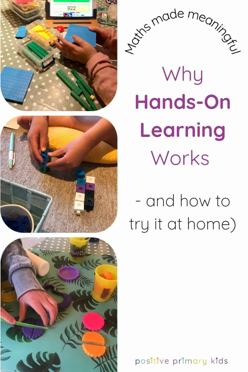 a collage of three photos showing children's hands busy using hands-on resources to aid learning