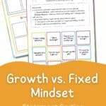 Mock up of A free 2-page printable growth mindset statement sorting activity. An orange banner at the bottom has white text that reads: "Growth vs Fixed mindset statement sorting activity"